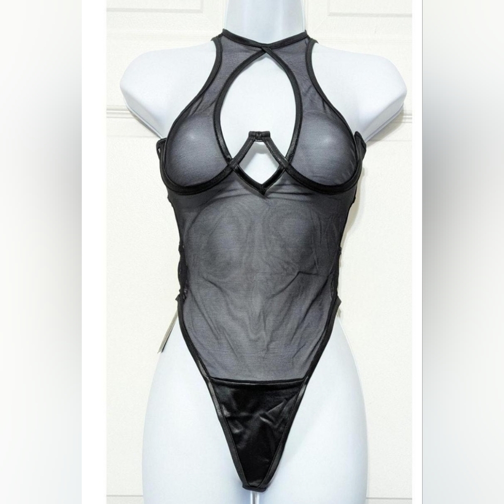 2/$30 Macy by Frederick's of Hollywood Hi Neck Underwire Black Mesh Thong Teddy